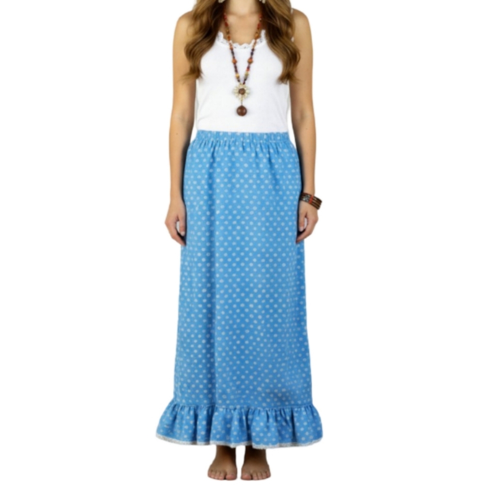 Vintage 70's Daisy Maxi Skirt Size Small Cottagecore Prairie Boho Hippie Blue